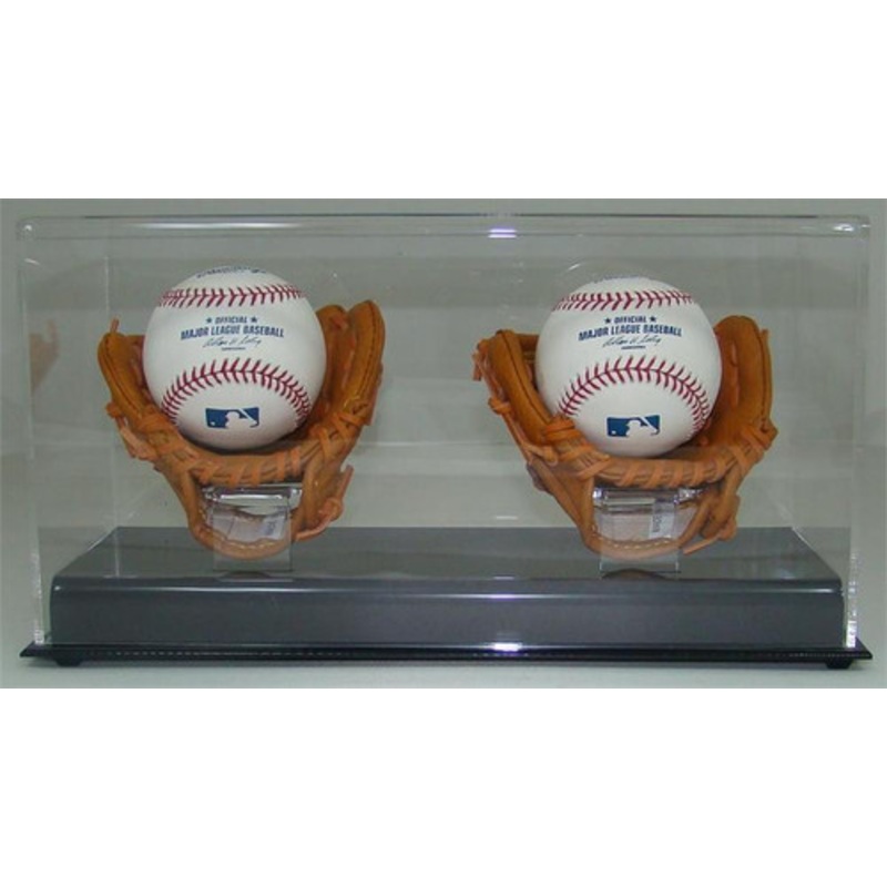 ACRYLIC DOUBLE (2) BASEBALL MINI GLOVE / MITT BALL DISPLAY CASE