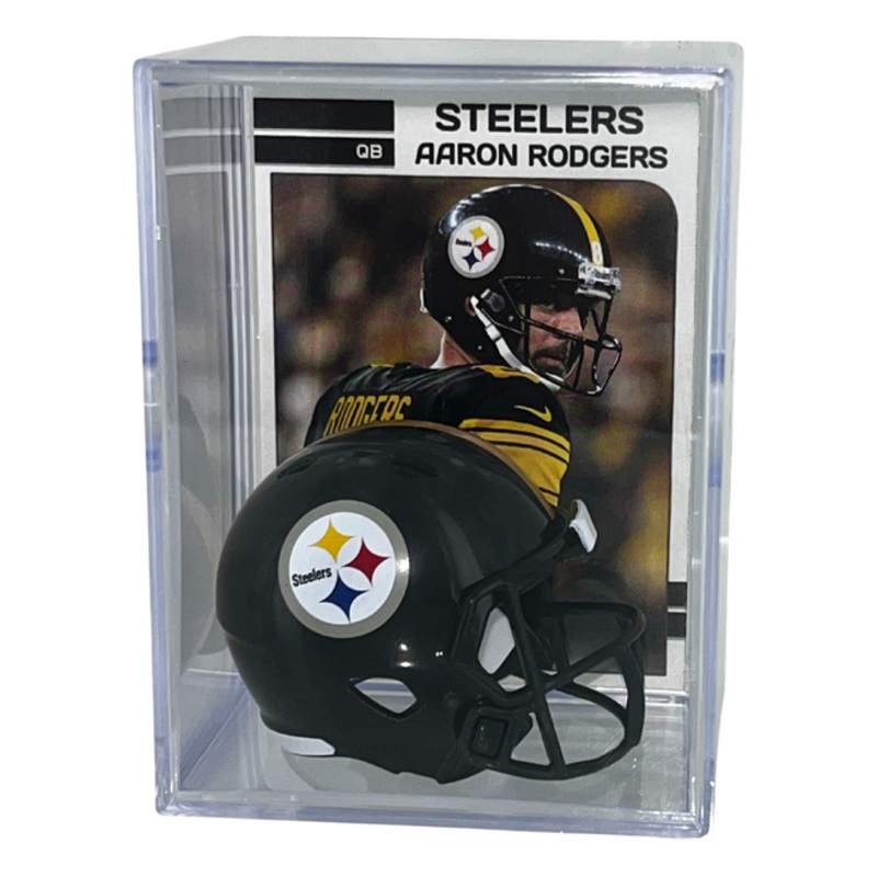 Aaron Rodgers Card with Pittsburgh Steelers Pocket Pro Size Football Helmet Shadow Box