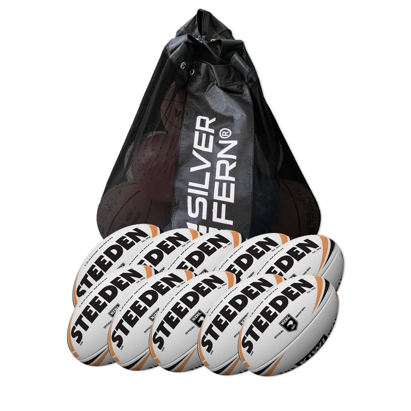 10 X Steeden NZRL LEAGUE MATCH BALLS Size Mod+ FREE MESH BALL CARRY BAG