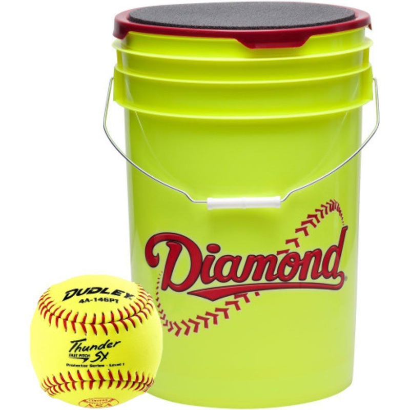 Yellow Diamond Sports 6-Gallon Ball Bucket with 18 Dudley 10 inch Thunder SY Level 1 Youth Girls Fastpitch Softballs