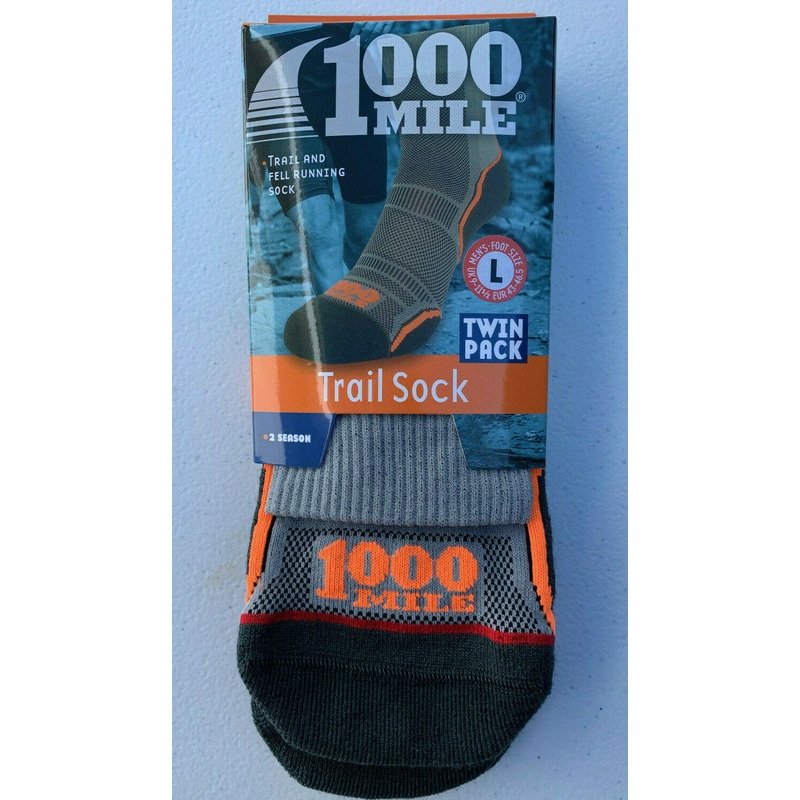 1000 Mile Single Layer Trail Socks 2 Pair Pack Grey/Black/Orange (Mens)