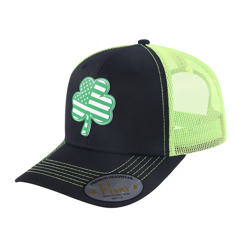 Embroidered St. Patrick’S Day Four Leaf Shamrock – 6 Panel Trucker Hat – Black/Green Black Green Classic
