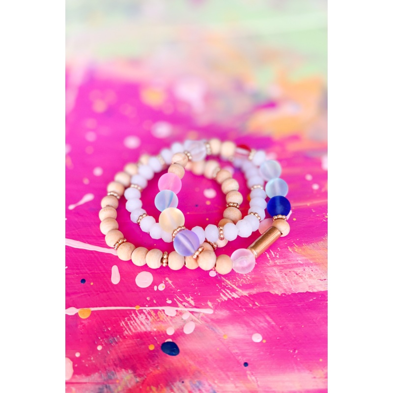 Natural Multi Gold Beaded Stretch Bracelet Stack