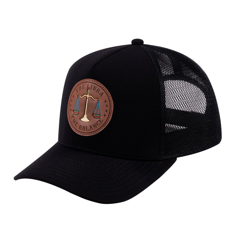 V2 Embroidered And Laser-Engraved Libra Zodiac (September 23 – October 22) – 5 Panel Trucker Hat – Black/Black Black Black Classic