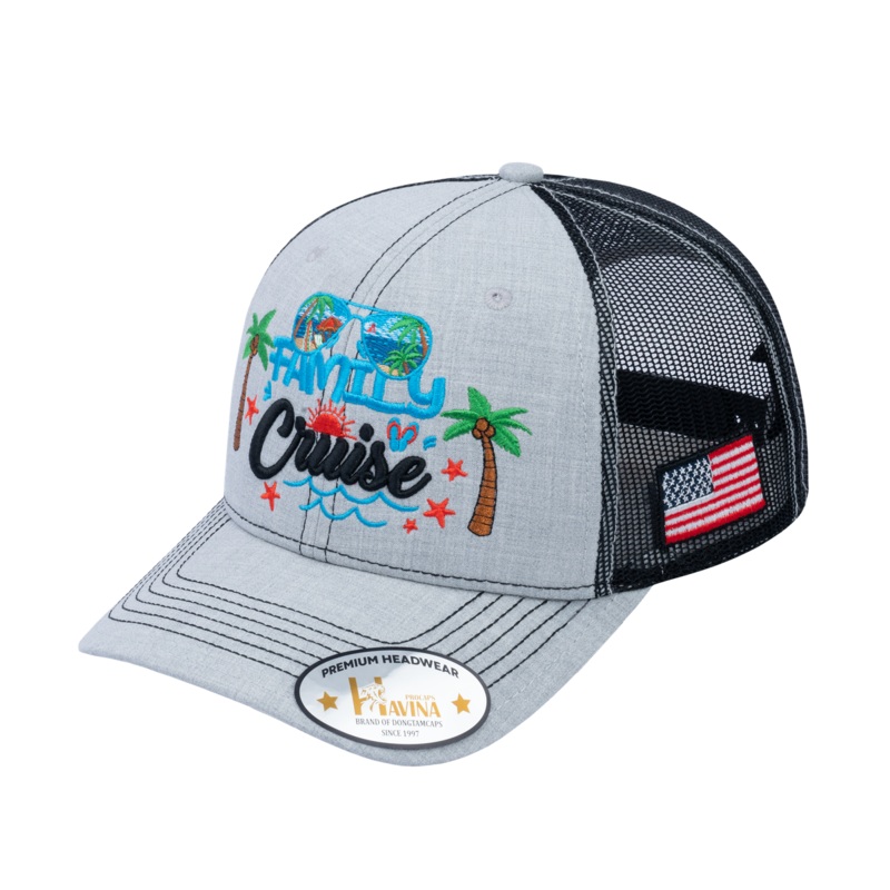 Embroidered Family Cruise – Traveling – 6 Panel Trucker Hat – Light Gray/Black – Classic Light Gray Black Classic