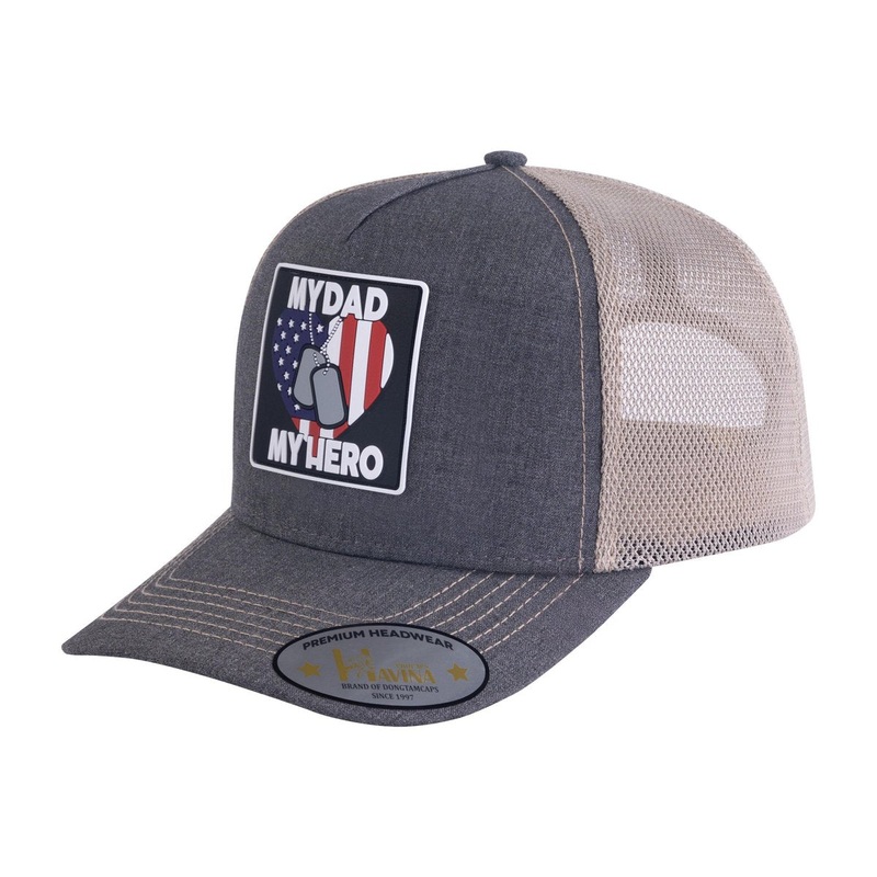 Embroidered My Dad My Hero – 5 Panel Trucker Hat – Dark Grey/Khaki Dark Grey Khaki Classic