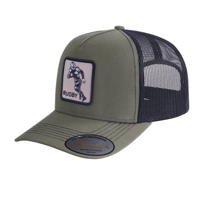 Embroidered Rugby/Football – 5 Panel Trucker Hat – Olive Green/Black Olive Green Black Classic
