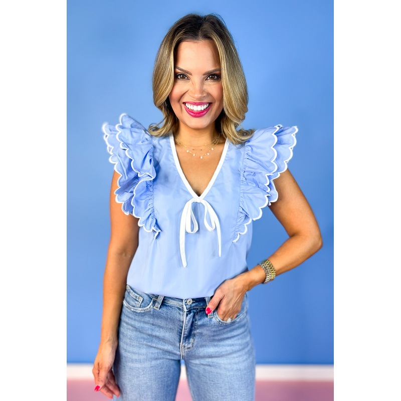 Blue V Neck Bow Detail Multi Ruffle Shoulder Top *FINAL SALE* Small