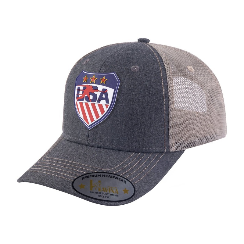 Embroidered US Loving Hockey – 6 Panel Trucker Hat – Dark Grey/Khaki Dark Grey Khaki Classic
