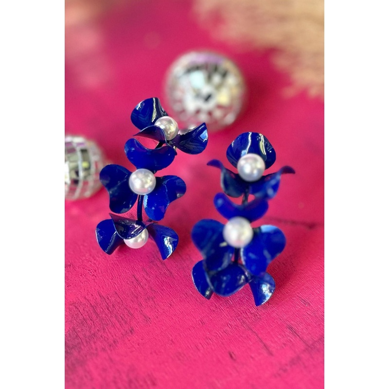 Royal Blue Flower Pearl Bead Open Hoop Earrings