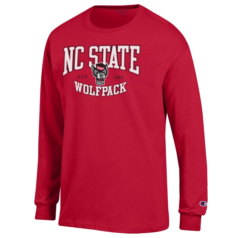 NC State Wolfpack Champion Red Arched Wolfpack Est. 1887 Over Wolfhead Long Sleeve T-Shirt Small