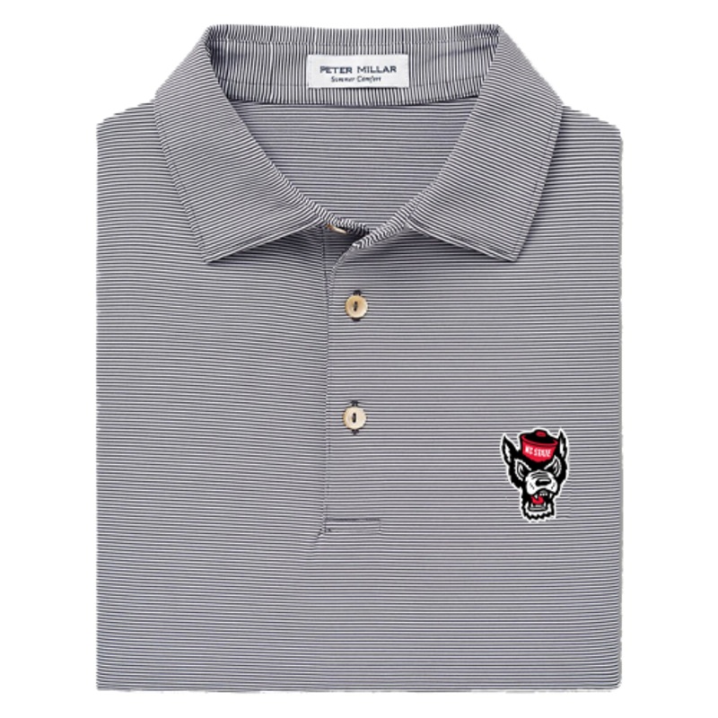 NC State Wolfpack Peter Millar Jubilee Striped Wolfhead Performance Polo Small