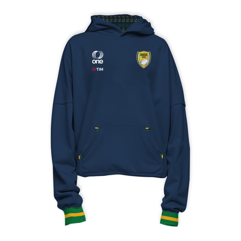 Youth Brazil Rugby Hoodie with Jacquard Ribbed Cuffs and Graffiti Design Navy YS