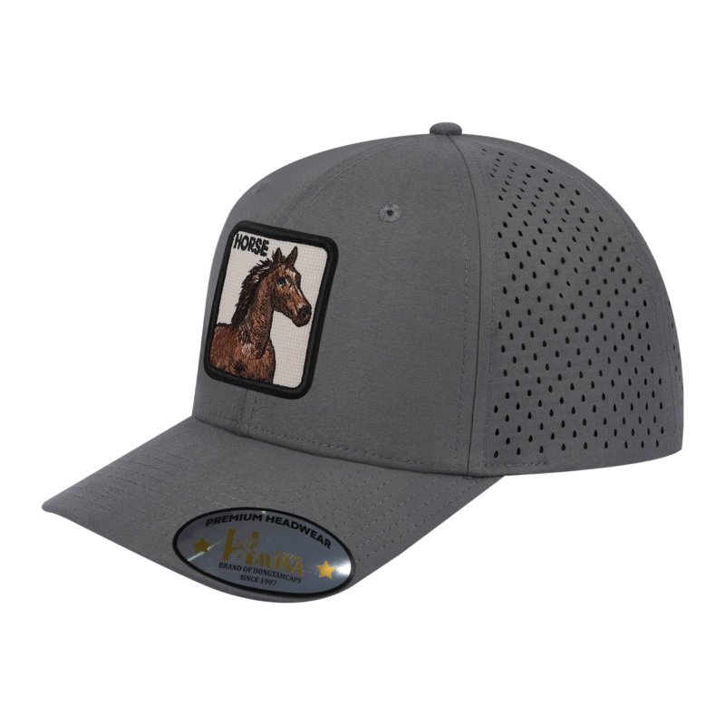 Embroidered The Horse – 6 Panel Microfiber Laser hole Trucker Hat – Grey/Grey Grey Grey Classic