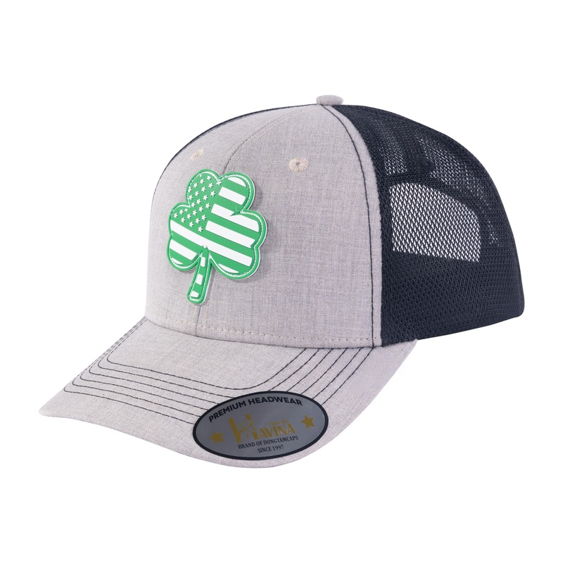 Embroidered St. Patrick’S Day Four Leaf Shamrock – 6 Panel Trucker Hat – Khaki/Black Khaki Black Classic
