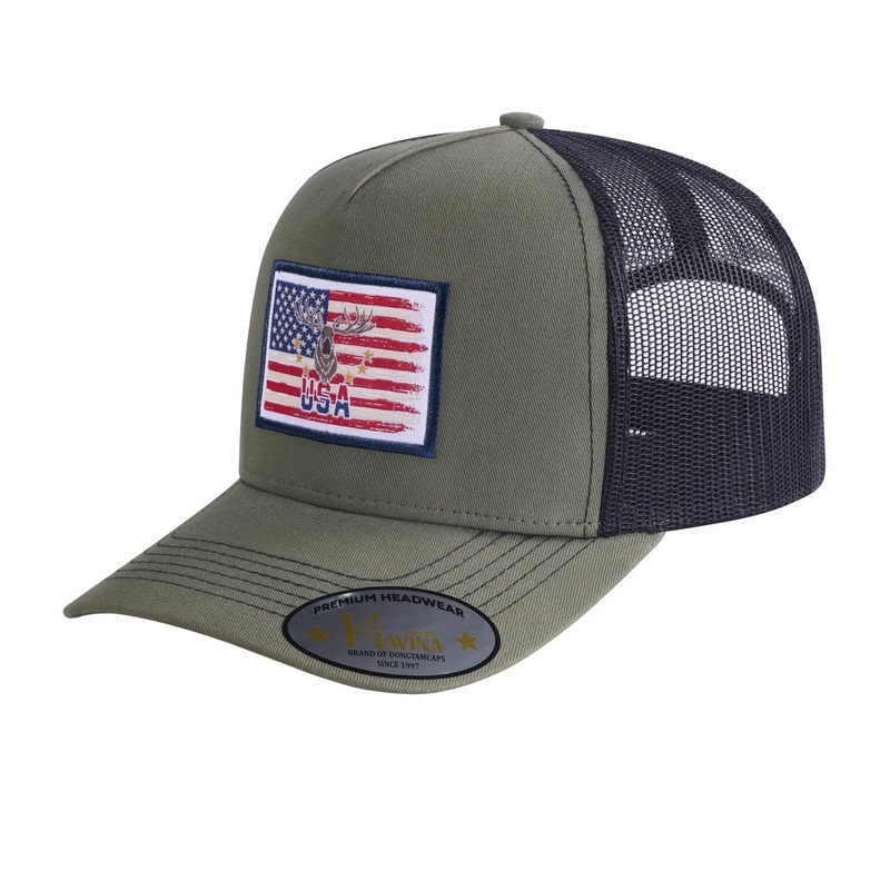 Embroidered Usa Deer Hunter – 5 Panel Trucker Hat – Olive Green/Black Olive Green Black Classic