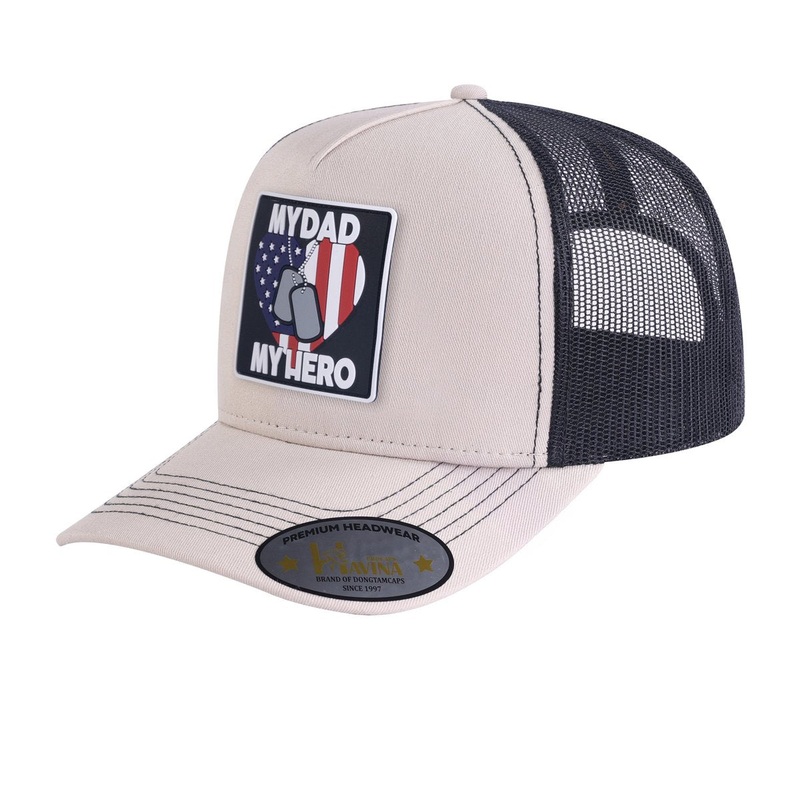 Embroidered My Dad My Hero – 5 Panel Trucker Hat – Beige/Black Beige Black Classic