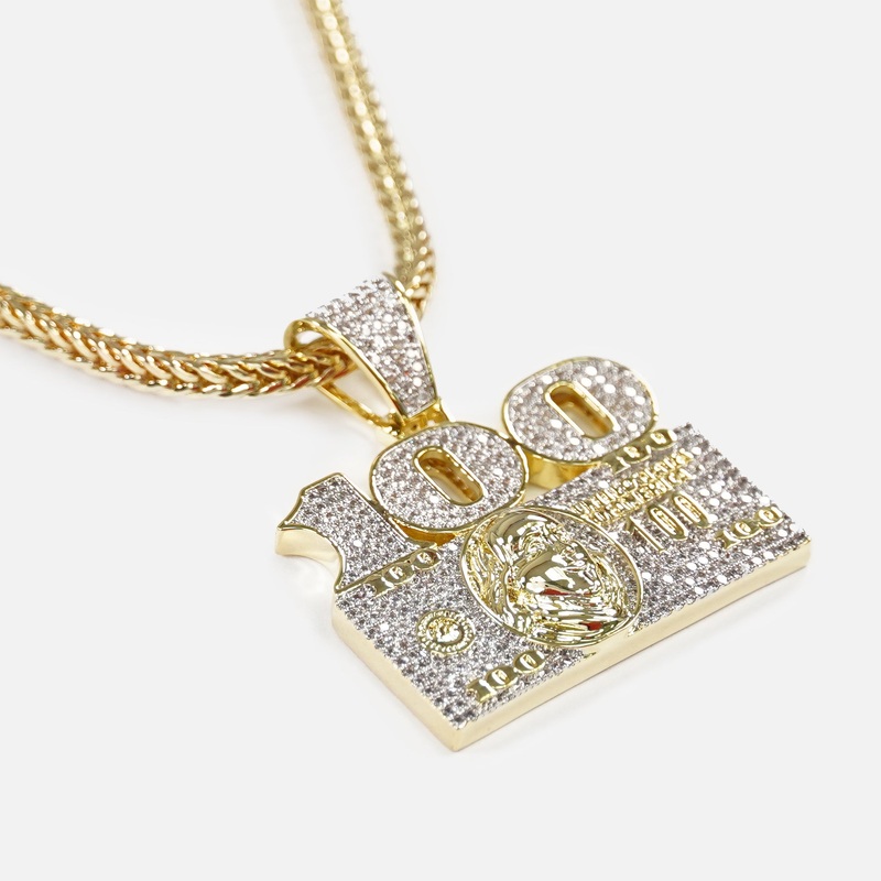 100 Money Benjamin 1″ Pendant with Chain Necklace – Gold Plated Stainless Steel Gold