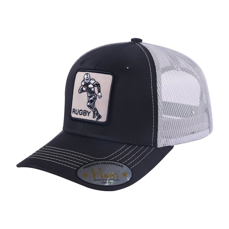 Embroidered Rugby/Football – 6 Panel Trucker Hat – Black/Light Grey Black Light Grey Classic