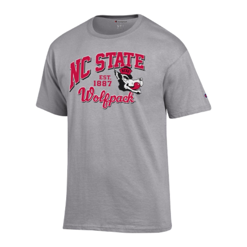 NC State Wolfpack Champion Grey Slobbering Wolf Block Script Short Sleeve T-Shirt Small
