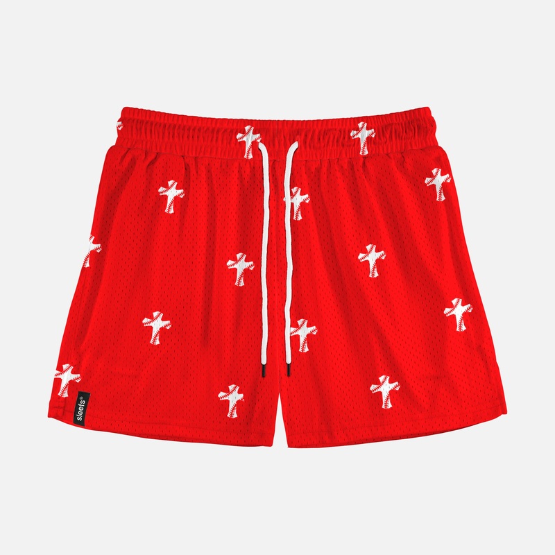 Baseball Cross Pattern Red Shorts – 5″ S Red