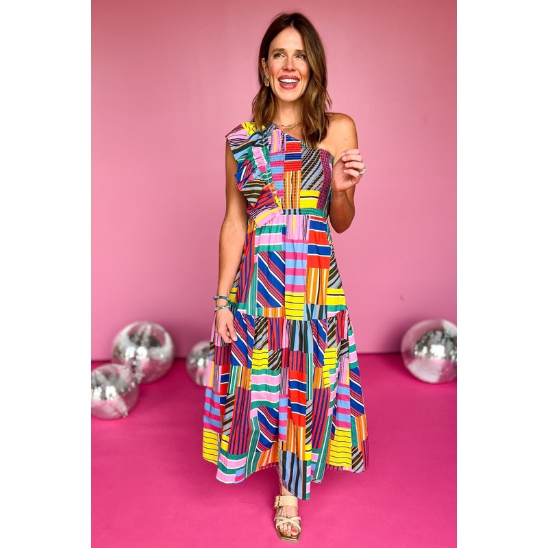 Red Multi Abstract Print One Shoulder Ruffle Detail Midi Dress *FINAL SALE* Small