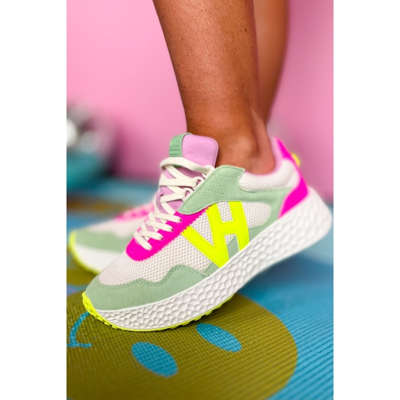 Vintage Havana Neon Yellow Mesh Hot Pink Teal Wedge Sneaker 5.5