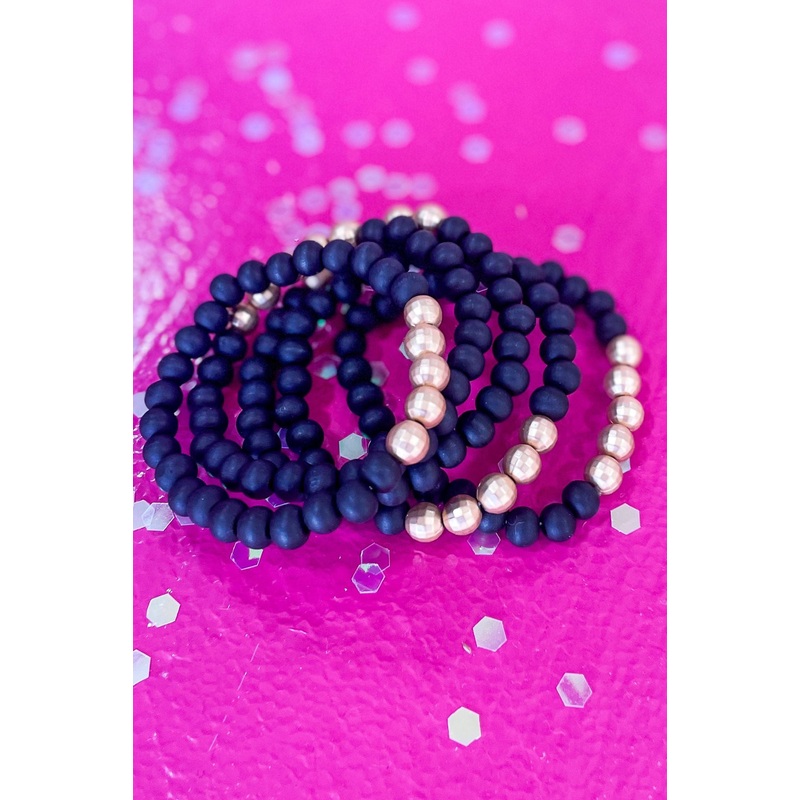Black Wooden Beaded Gold Accent Bracelet Stack