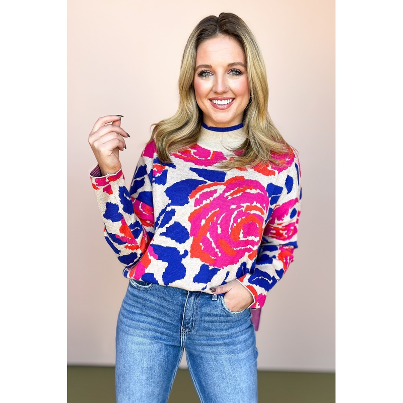 Oatmeal Multi Flower Print Knit Mock Neck Drop Shoulder Side Slit Sweater *FINAL SALE* Small