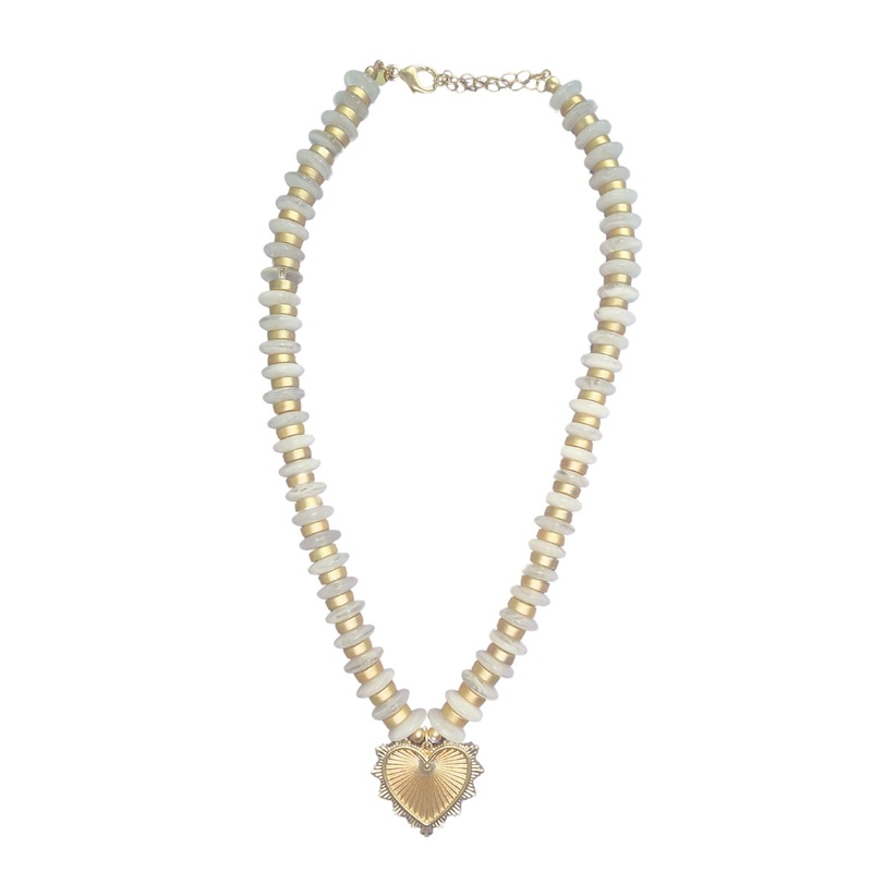 White Bead Heart Pendant Necklace