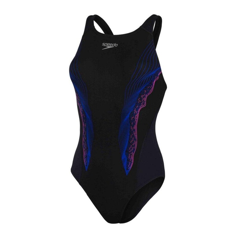 Speedo Eco Endurance+ Placement Recordbreaker Swimsuit (Black/Blue/Orchid) UK 8 (30′)
