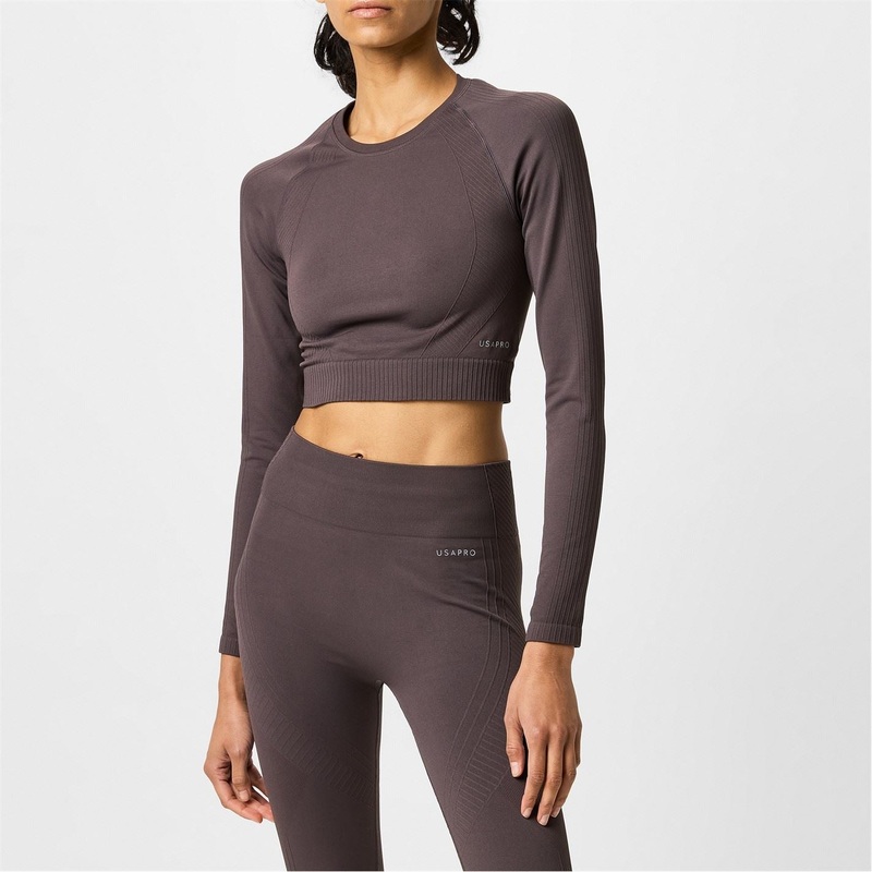 USA Pro Womens Long Sleeve Seamless Crop Top 10 (38) Espresso