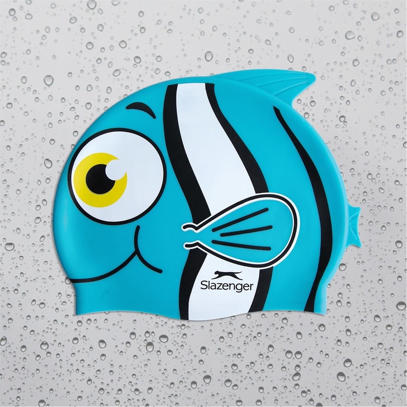 Slazenger Fish Print Silicone Swimming Cap Childrens One Size Blue Fish