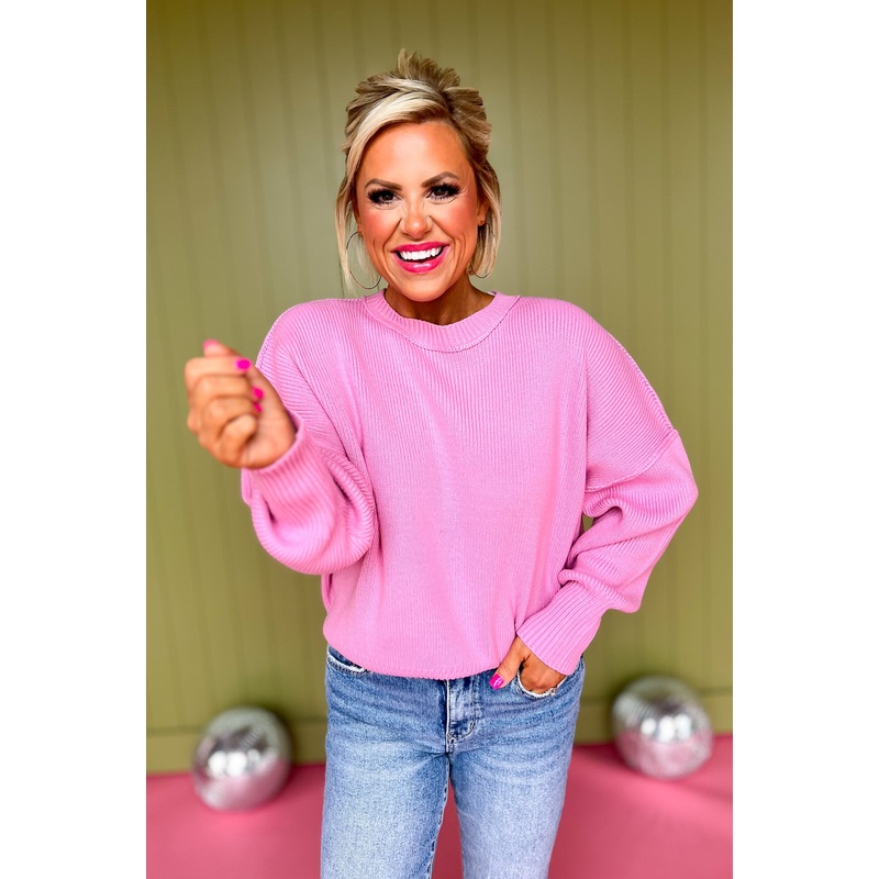 Pink Drop Shoulder Ribbed Knit Accent Long Sleeve Sweater *FINAL SALE* Small