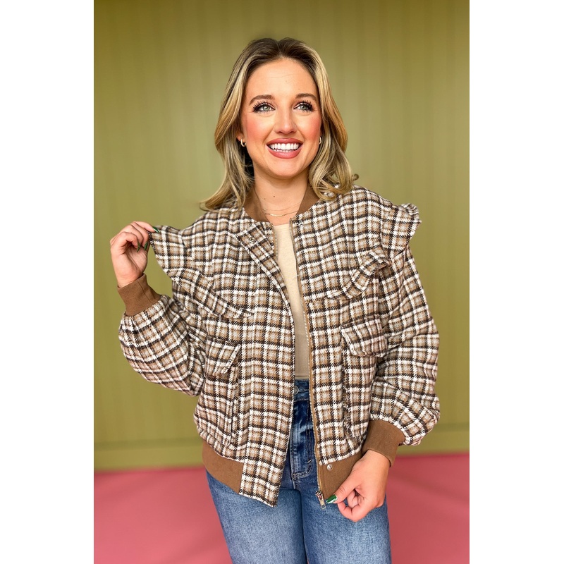 Camel Plaid Ruffle Shoulder Detail Bomber Jacket *FINAL SALE* Small