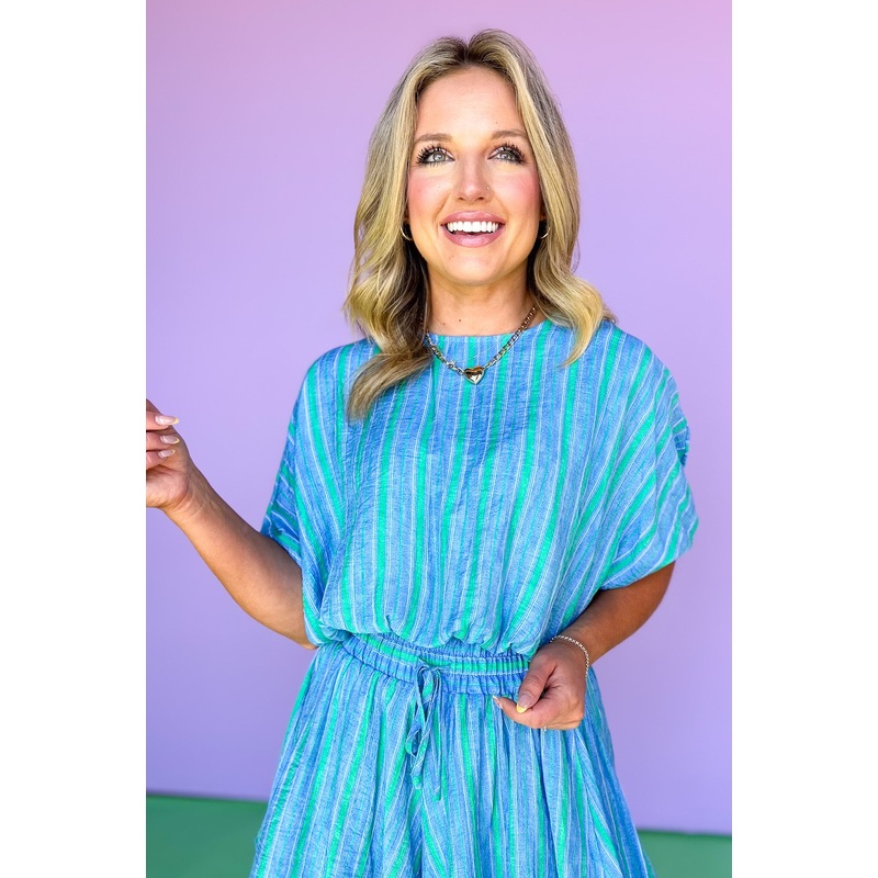 Blue Stripe Drop Shoulder Short Sleeve Top Small