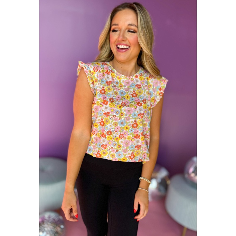 SSYS Pretty Floral Print Ruffle Shoulder Sleeveless High Low Active Tank – OUTLET *FINAL SALE* XS