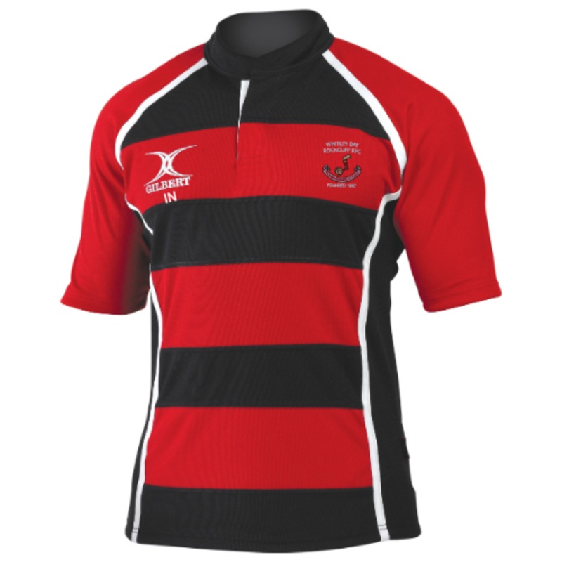 Whitley Bay Rockcliff RFC Men’s Red / Black Xact II Hooped Shirt 2XS