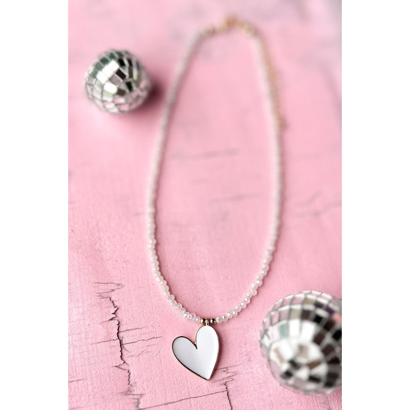 White Metal Heart Beaded Necklace