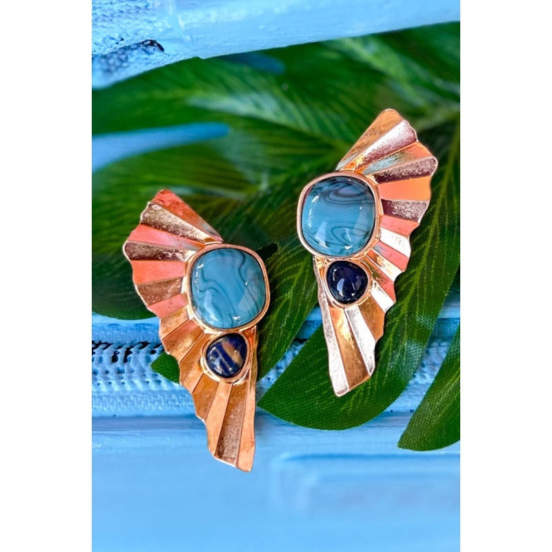 Turquoise Natural Stone Accented Abstract Metal Earrings