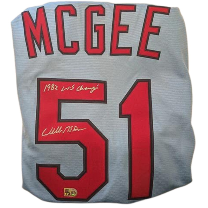 Willie McGee Autographed “1982 WS Champs” Blue Cardinals Replica Jersey