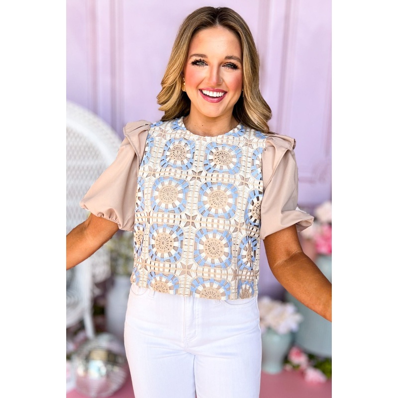 Blue Multi Crochet Detail Ruffle Shoulder Back Tie Bow Top Small