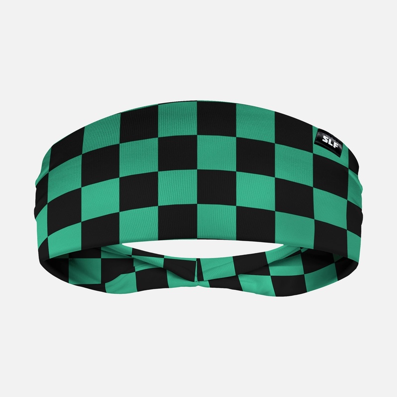 Checkered Teal Black Headband ONE SIZE Green