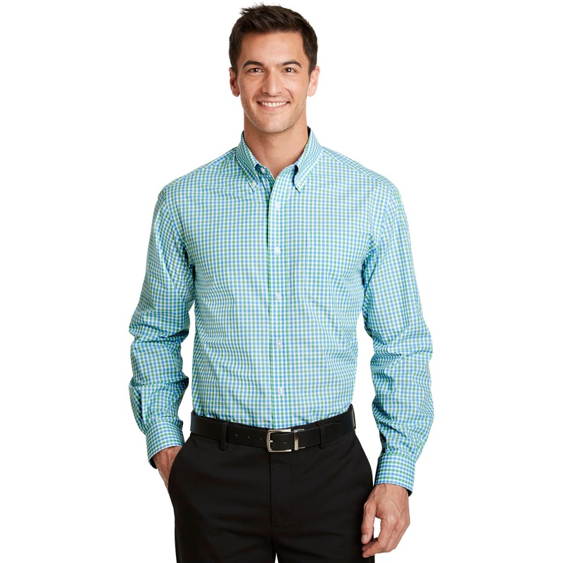 Port Authority Men’s Long Sleeve Gingham Easy Care Shirt. S654 Green/ Aqua XS